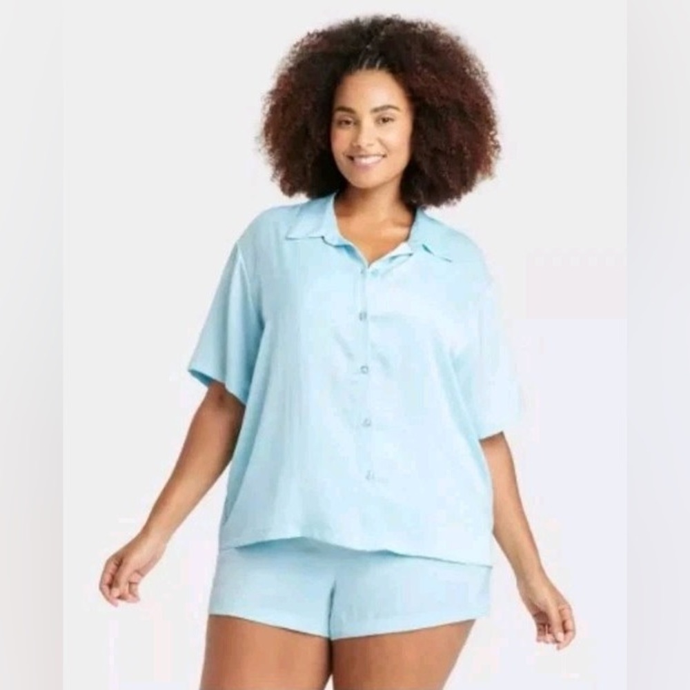 NWT Auden Light Blue Silky Button-Up Shirt and Shorts Pajamas Set
